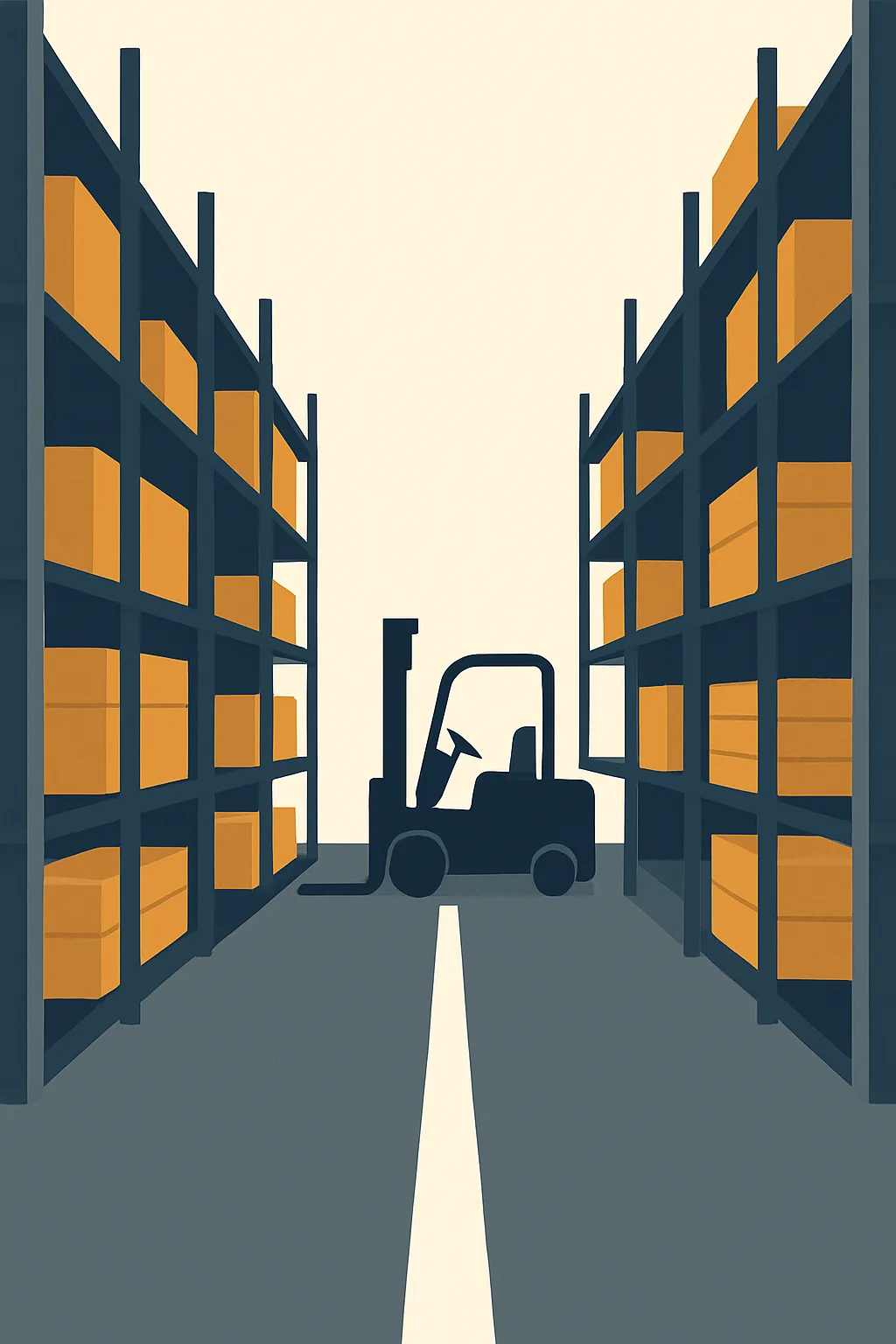 A warehouse aisle with pallet racking on both sides, a forklift parked mid-aisle, and a marked pedestrian walkway down the centre